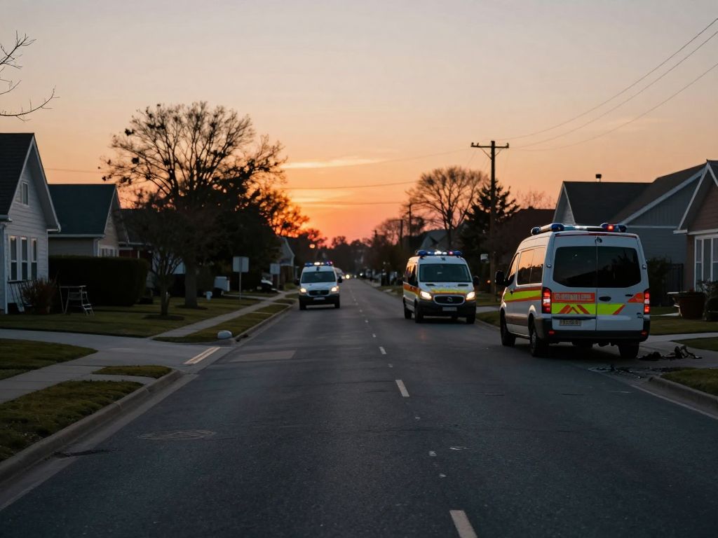 Suburban road accident scene with emergency vehicles
