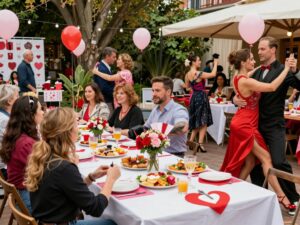 A collage of Valentine's Day events in Atlanta with dancing, culinary experiences, and celebrations of friendship.