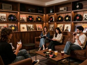 A vinyl listening room showcasing cozy ambiance and vinyl records.