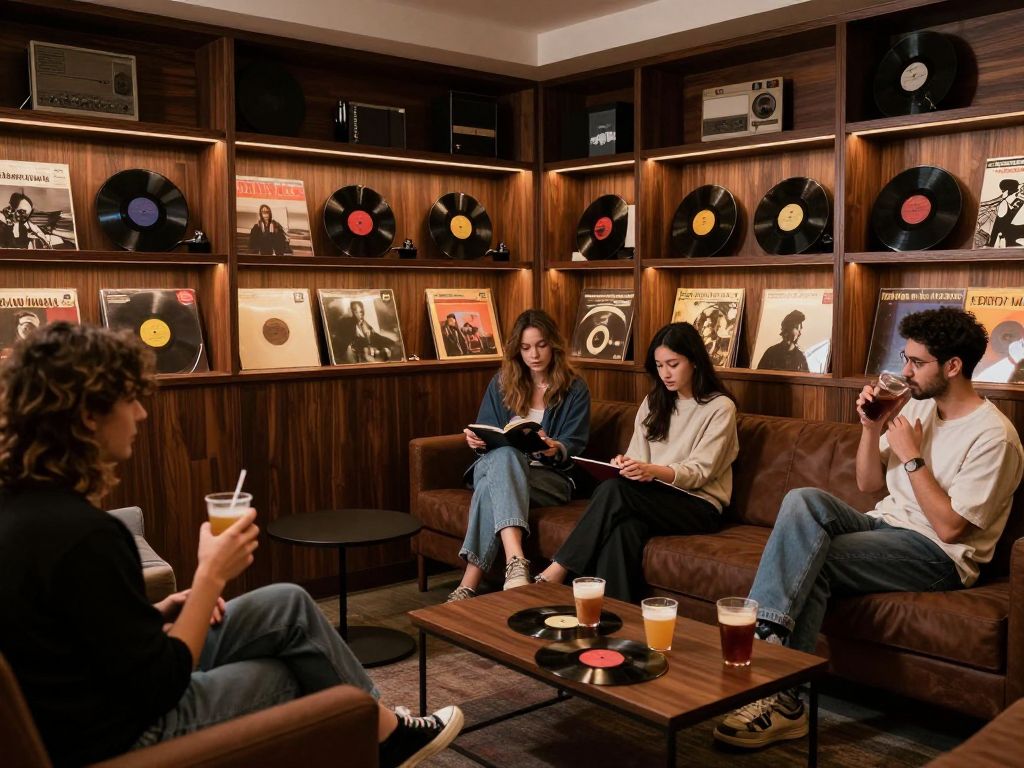 A vinyl listening room showcasing cozy ambiance and vinyl records.