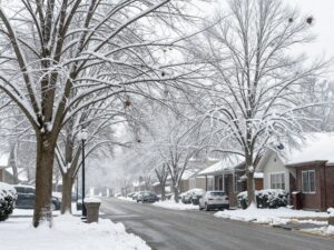 Snow-covered trees and a quiet street in North Georgia during winter