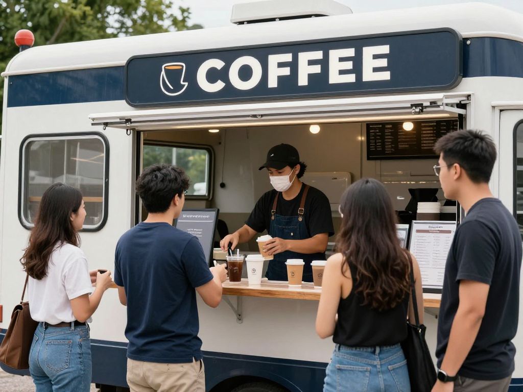 Drive-thru coffee shop with customers ordering