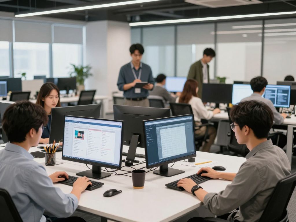 Employees collaborating in a modern office with technology