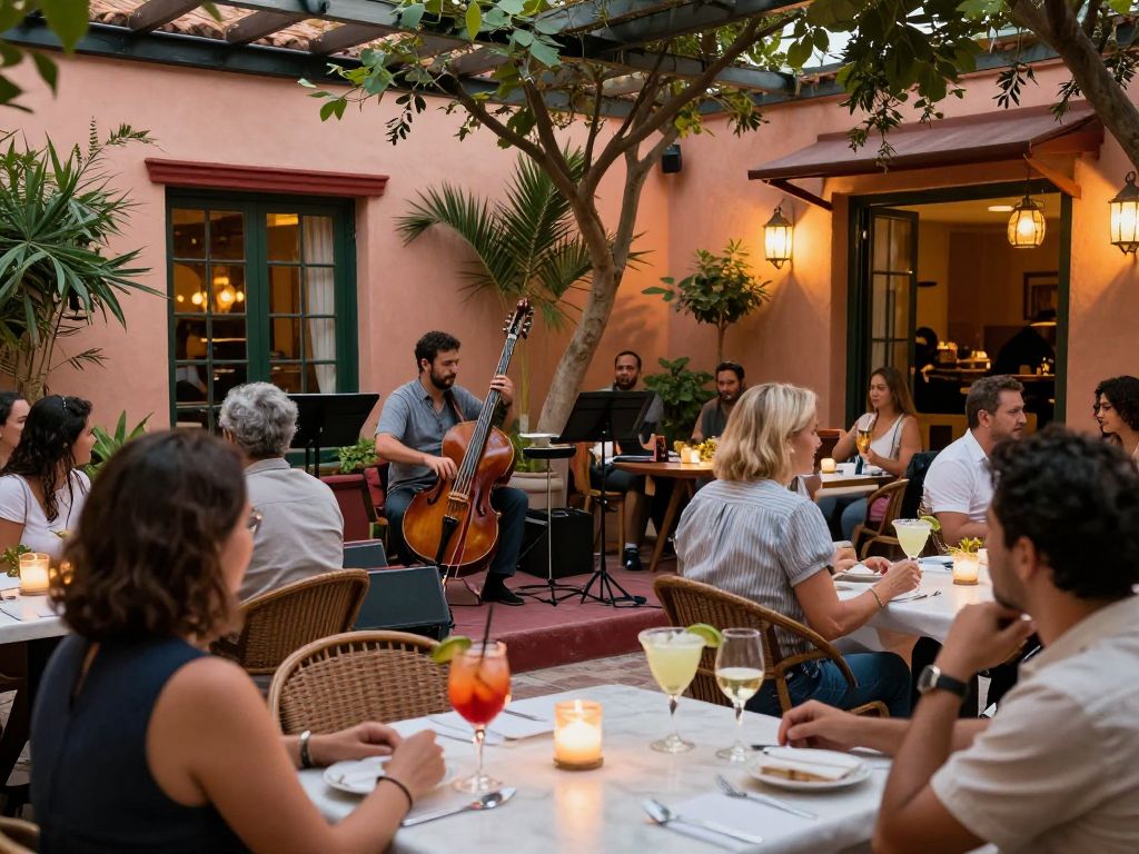 Attendees enjoying live jazz music at Austin's BeltLine with candlelit ambiance