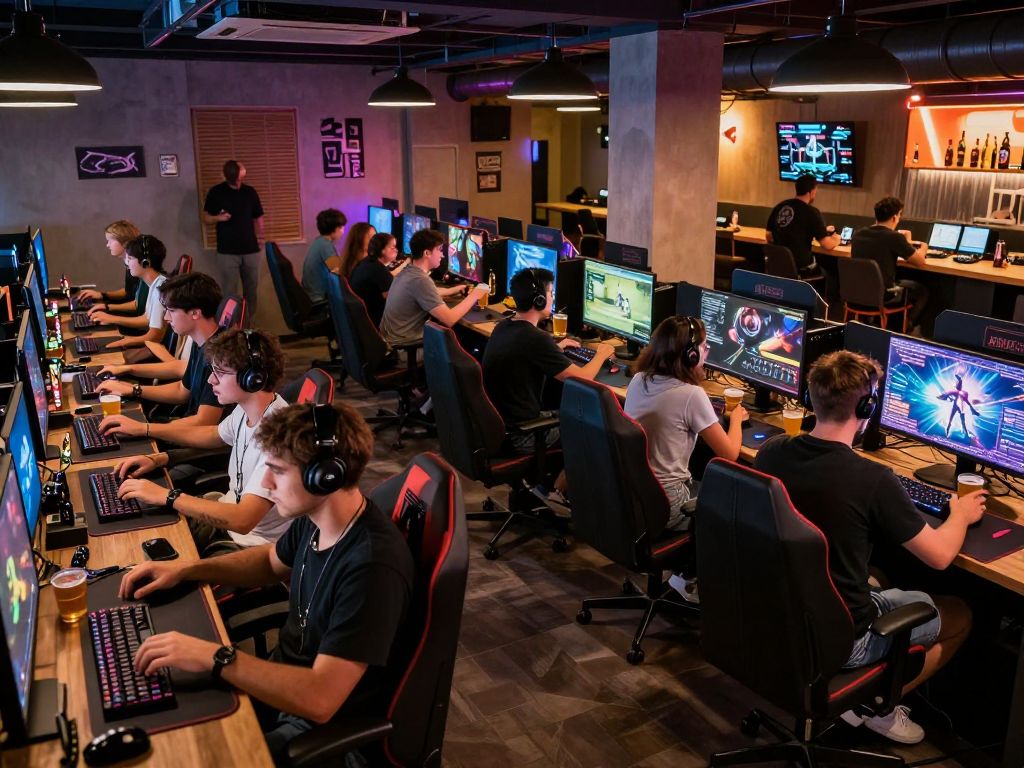 Interior view of Valhalla Gaming Lounge with patrons engaged in gaming and dining.