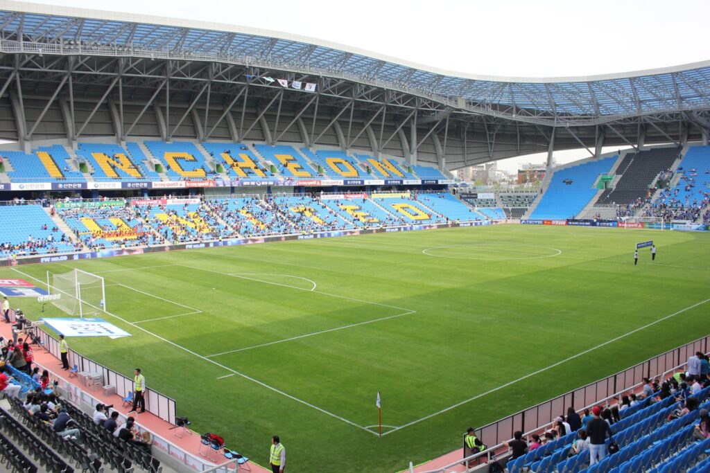 Soccer stadium seats and pitch