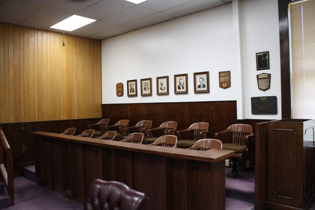 Jury box in an empty courtroom
